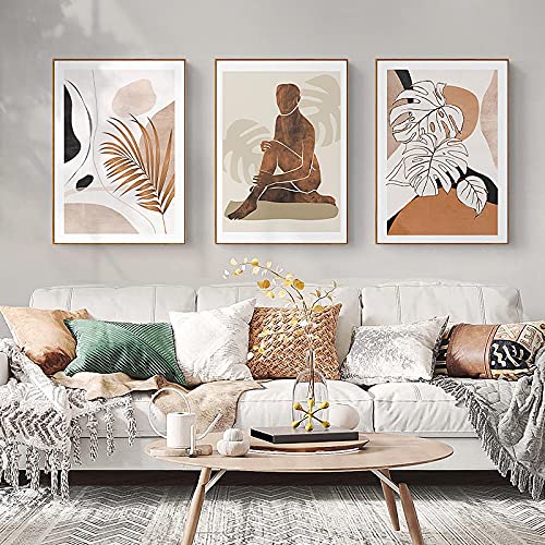 Poster nordique de feuilles pour salon et décoration d'intérieur zen lot de 3 toiles beige 60x90