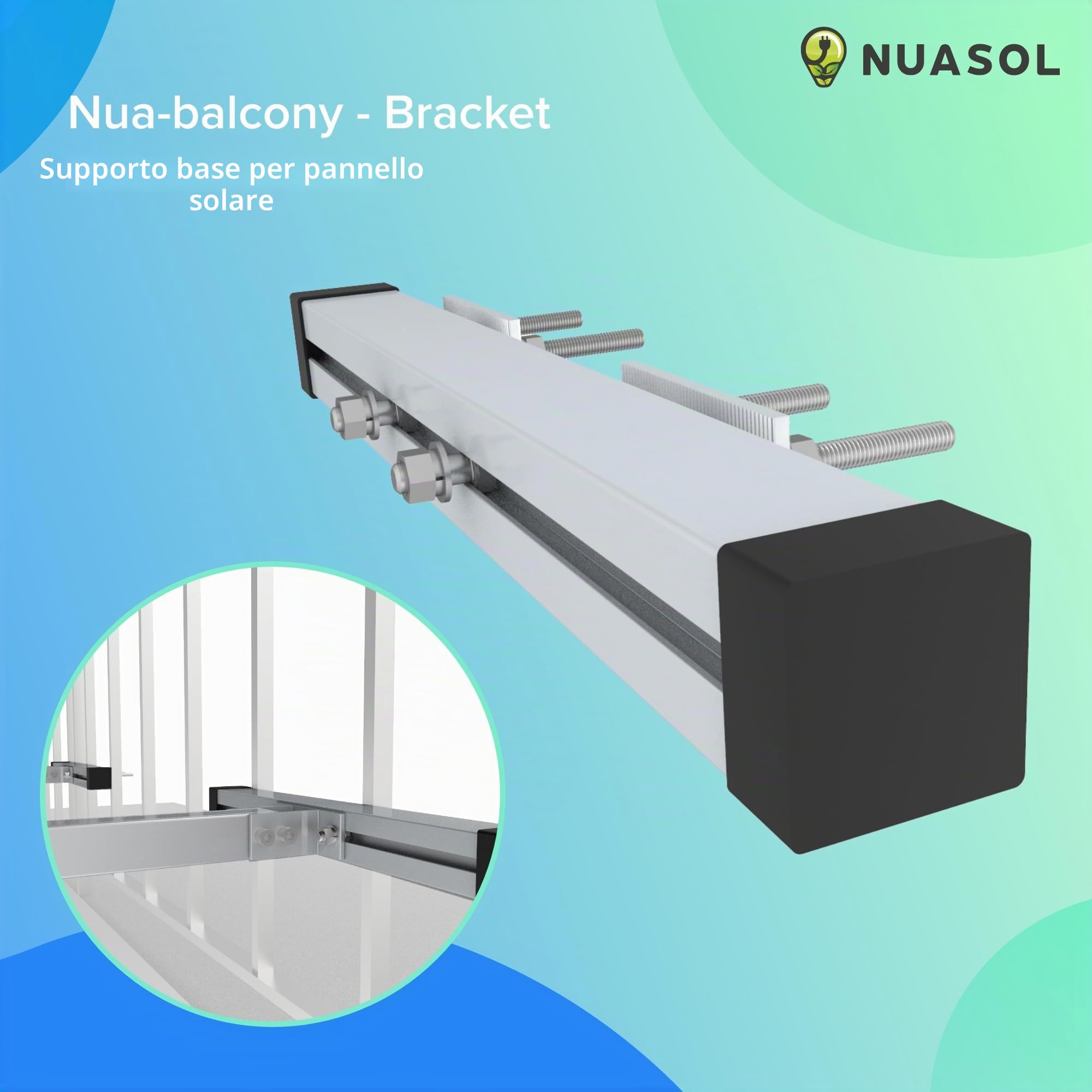 Supporto per centrale elettrica da balcone per ringhiera 2 pannelli solari e un inverter fotovoltaico | rettangolare | Set | angolo di inclinazione 0° & 25-45°