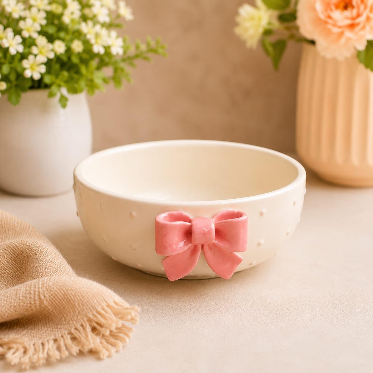 OCEAN STORE Cute Ceramic Bowl with Bow Accent, 250ml Hand-Painted Polka Dot Multipurpose Serving Bowl for Ice Cream, Soup, Snacks, and Noodles (Pink Bow, Set of 1)-image-24