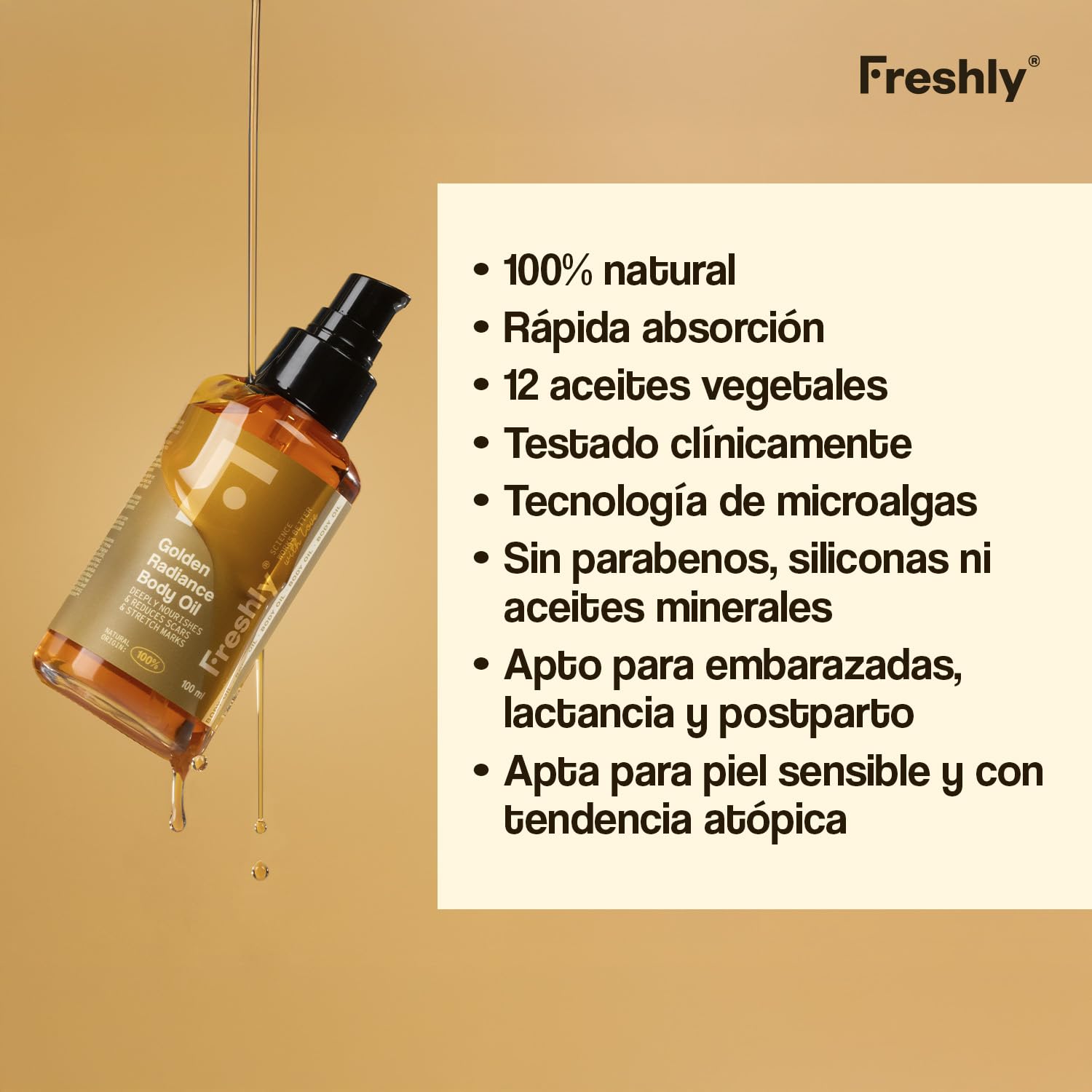 Freshly - Natürliches Körperöl Golden Radiance - Feuchtigkeitsspendend und Straffend - Mit 12 Pflanzenölen - Ideal für Dehnungsstreifen und Narben - Geeignet für die Schwangerschaft - 200 ml