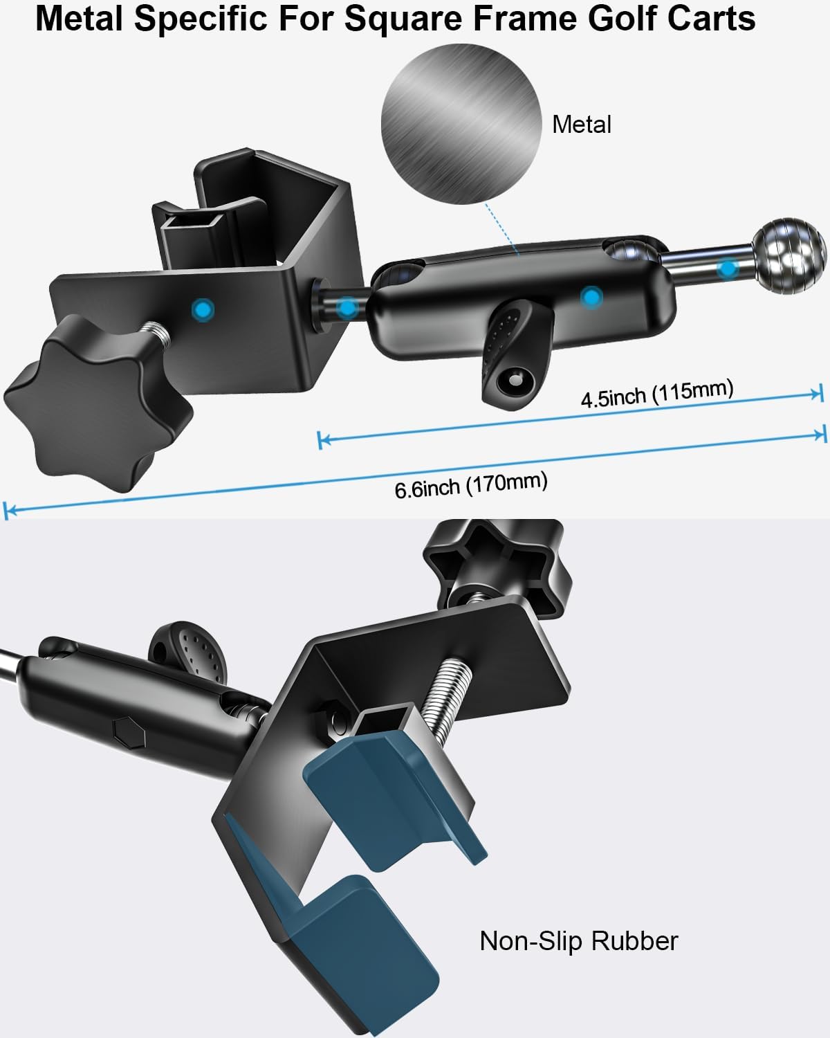 woleyi Golf Cart Phone Holder Clip- [Wider Clamp & Metal Arm] 360° Adjustable Phone Mount for EZGO/Club Car/Yamaha, Compatible with iPhone Air 17 Pro Max 16 15 14 13 12 Plus, S25, 4.7 to 7" Smartphone