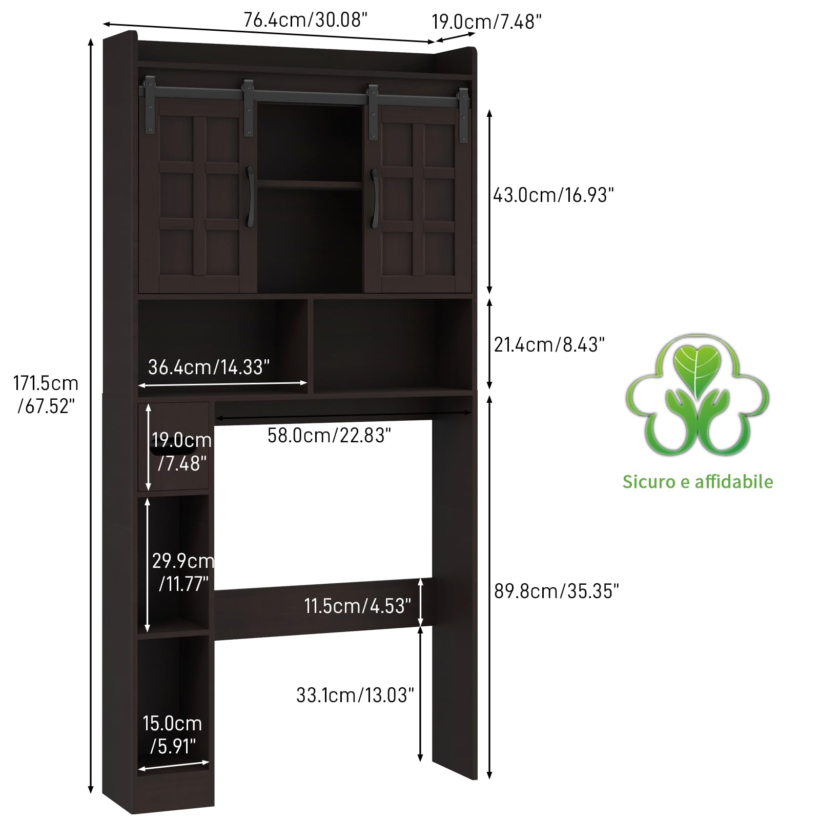 Scaffale per WC con 2 ante scorrevoli e porta carta igienica | Armadietto da bagno autoportante in stile rustico bianco, 77 x 19 x 171,5 cm, con ripiano regolabile e modulo laterale