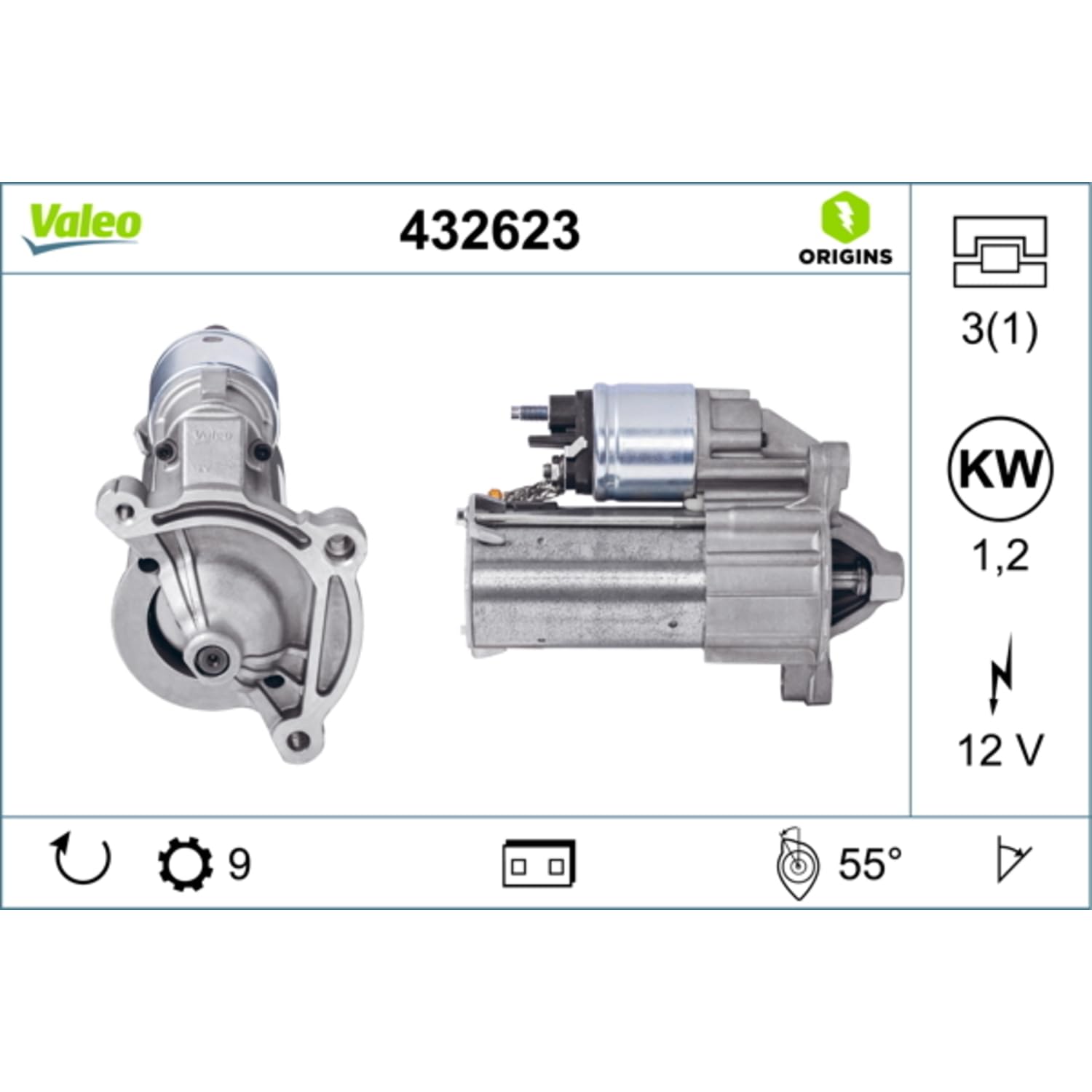VALEO-432623-Motor de arranque- Potencia nominal: 1,2 kW - Stop & Start: NO - Número de dientes: 9 dientes - Tensión: 12 V - Sentido de rotación: CLOCKWISE