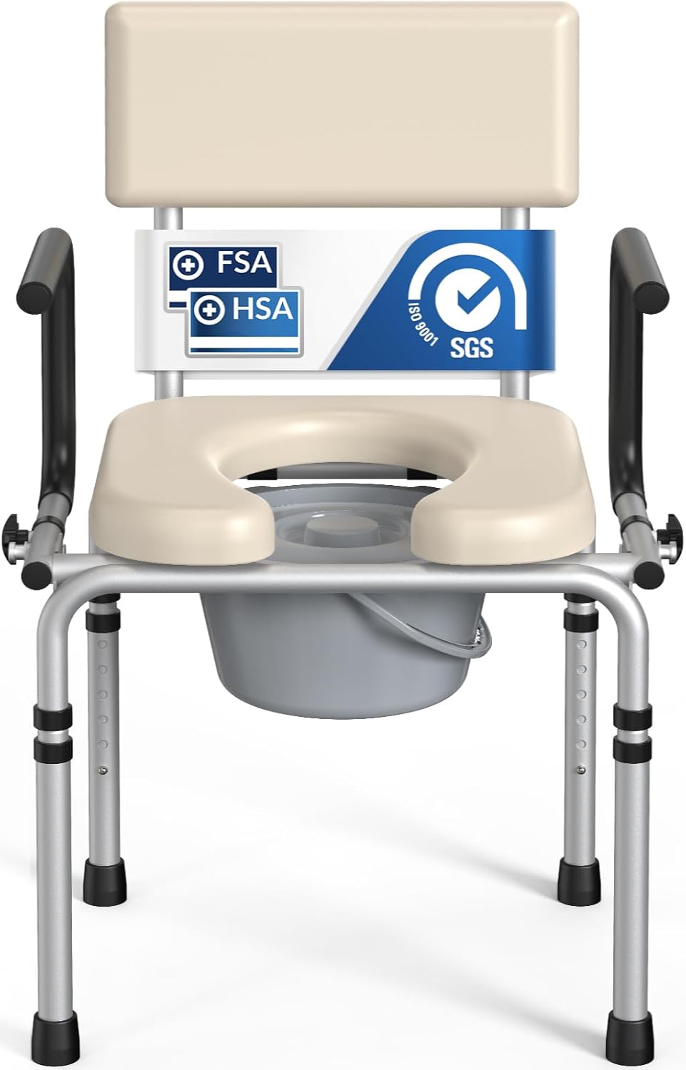 Drop Arm Bedside Commode, Commode Toilet with Padded Seat and Backrest, 400lbs Capacity, 5.3QT Removable Bucket and Splash Guard, Adjustable Height Portable Toilet for Adults, Beige