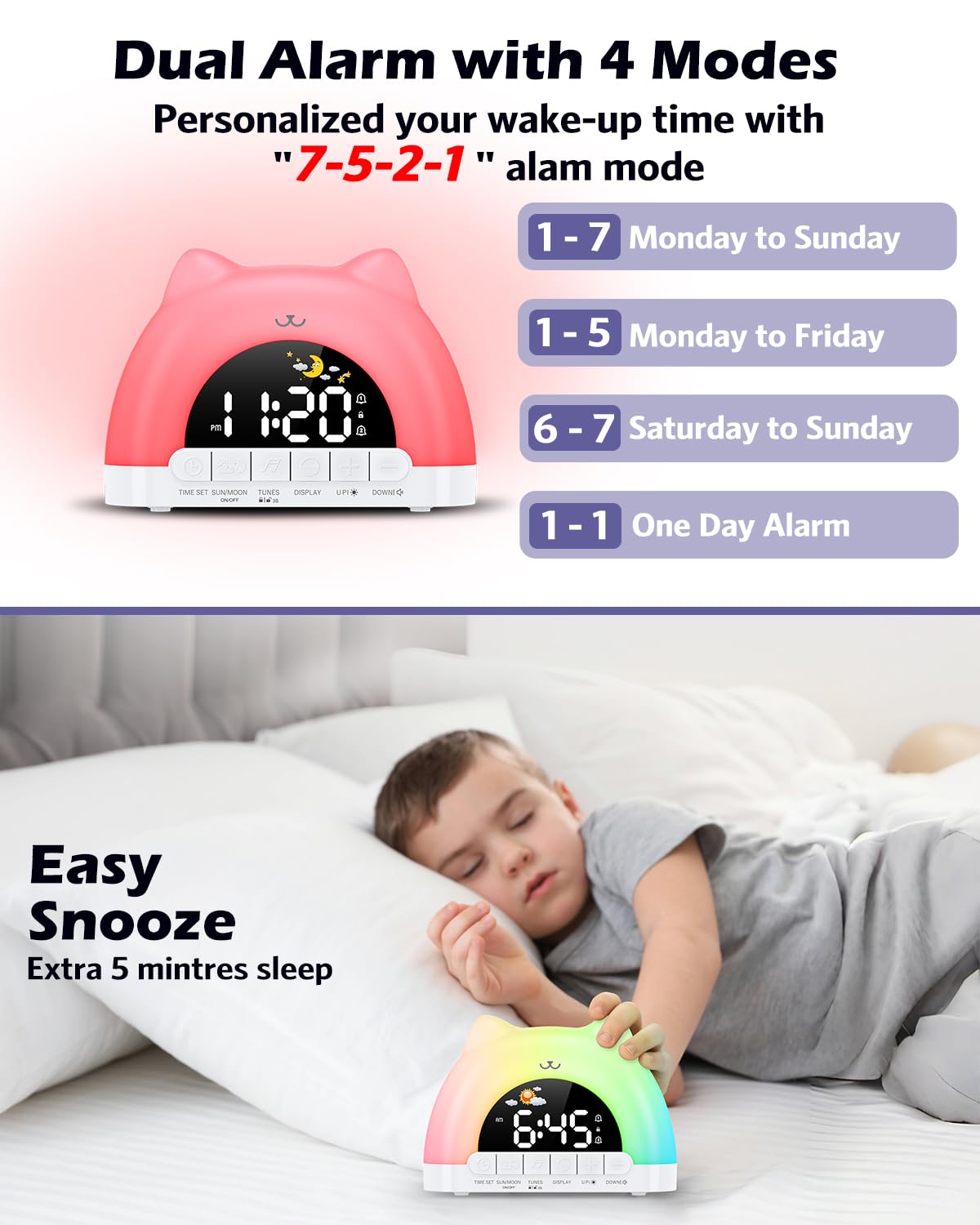 Reveil Enfant Educatif Jour Nuit, Reveil Lumineux avec Veilleuse 11 Couleurs RGB, Snooze, 2 Alarme, Réveil Numérique pour Enfants avec Lune et Soleil, Entraîneur de Sommeil Fille Garçon