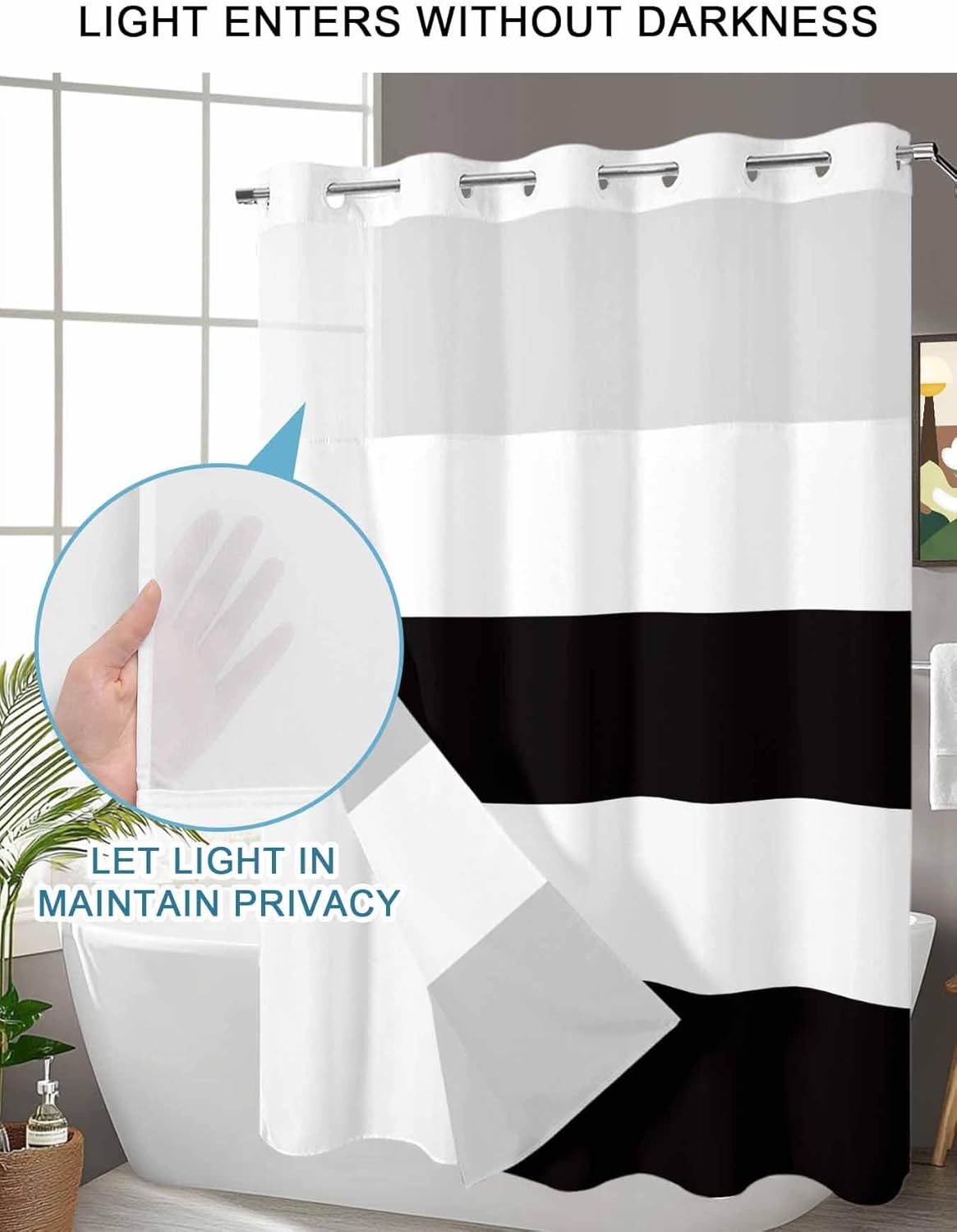 Prime Leader Black and White Stripe Pattern No Hook Shower Curtain with Snap in Liner Simple Style Shower Curtain for Bathroom, Fabric Waterproof Inner Liner with Mesh Top Window, 72x84