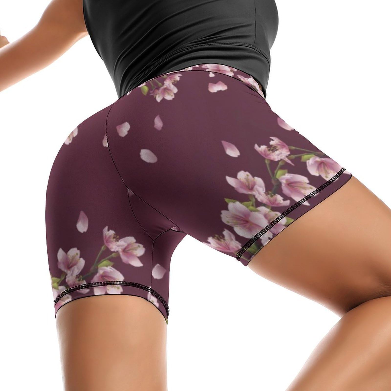 Cherry Blossoms Flower Pattern High Waist Yoga Shorts for Women Athletic Shorts Leggings Running Pants