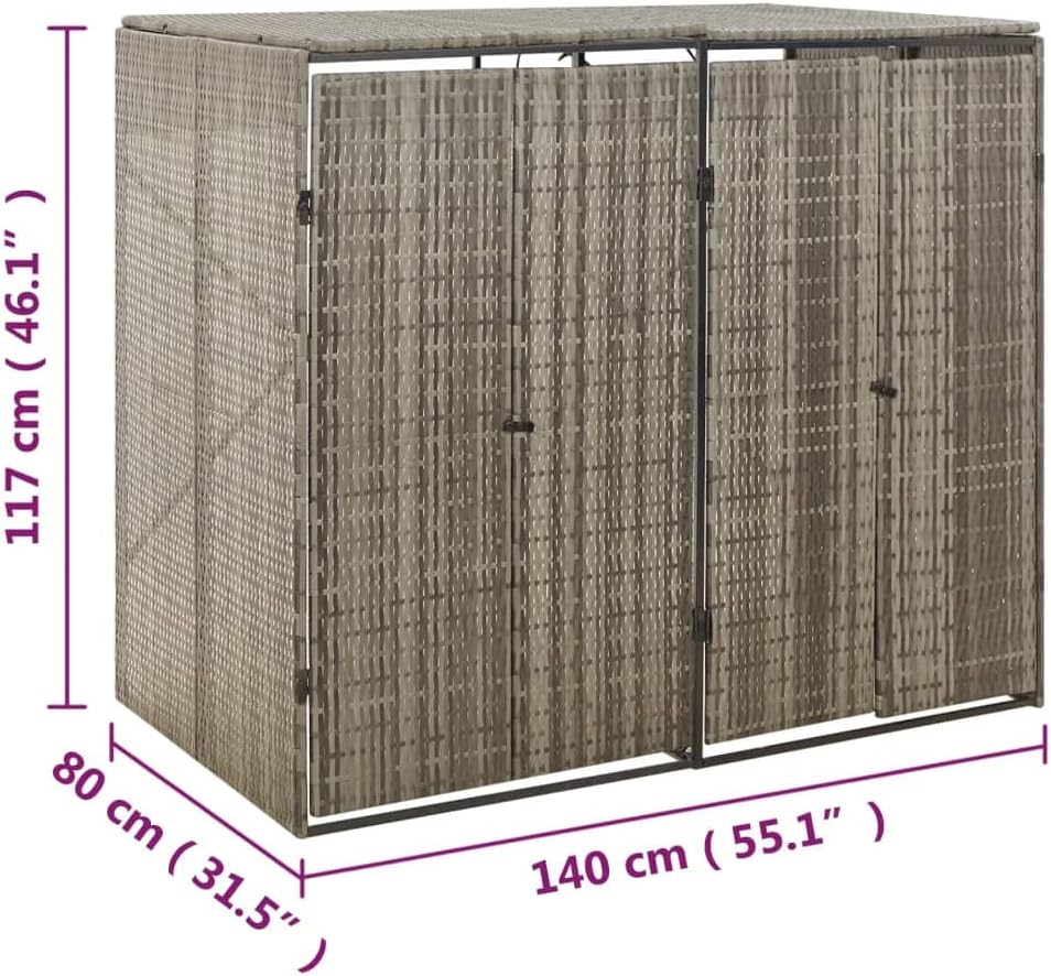 vidaXL Double Wheelie Bin Shed in Gray Poly Rattan - Durable and Weather, Lockable Outdoor Bin Storage with Easy Access Lid, Powder-Coated Steel Frame - Holds 2 Bins