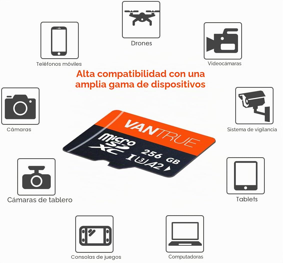 Vantrue - Tarjeta de Memoria microSDXC UHS-I U3 4K (256 GB, Compatible con Dashcam, Smartphone, Tableta, Cámara de Acción y Cámara de Vigilancia (256 GB)