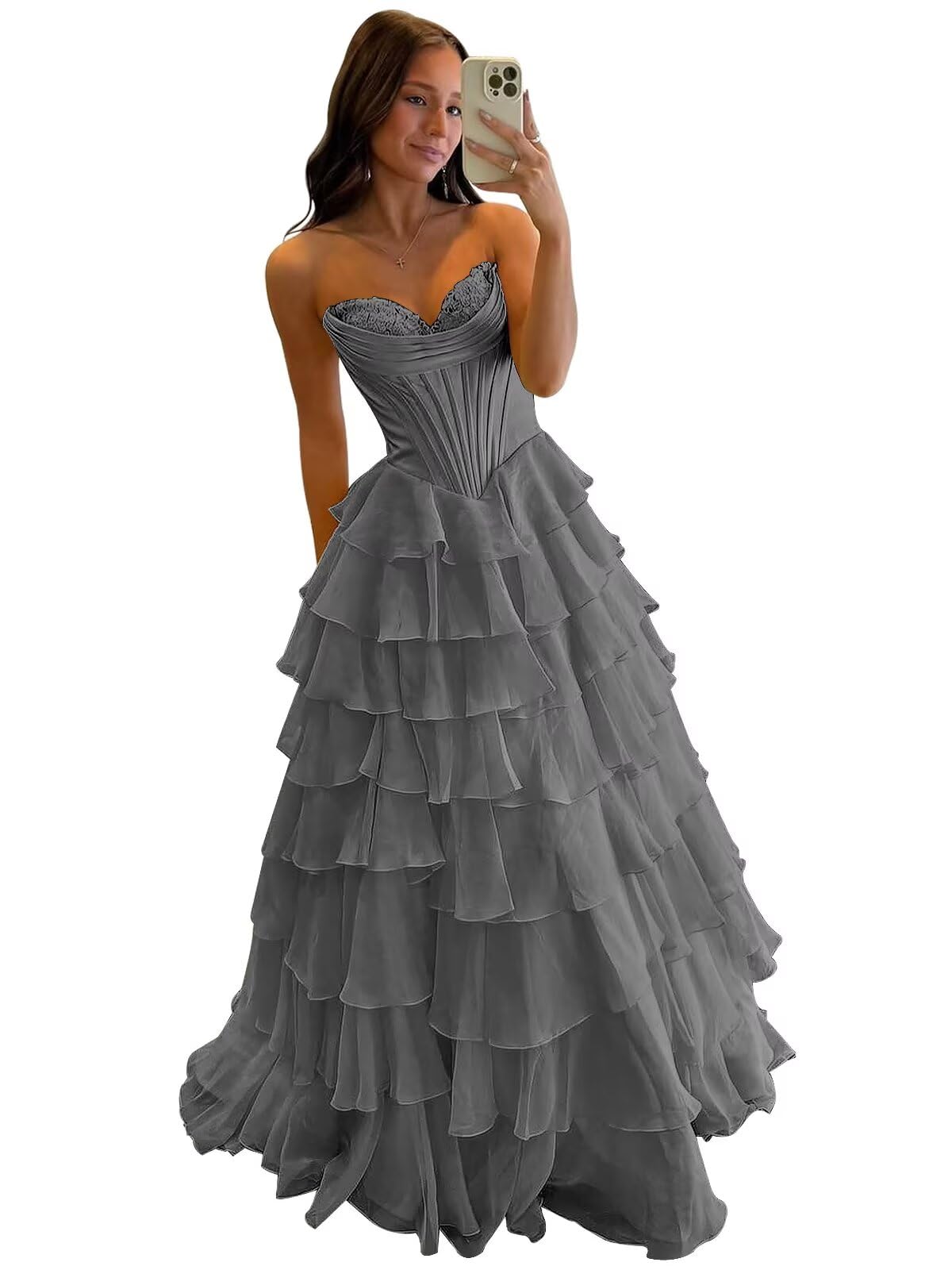Mollyevers Strapless Corset Prom Dresses for Women Long Tiered Ruffle Chiffon Formal Evening Gowns with Slit