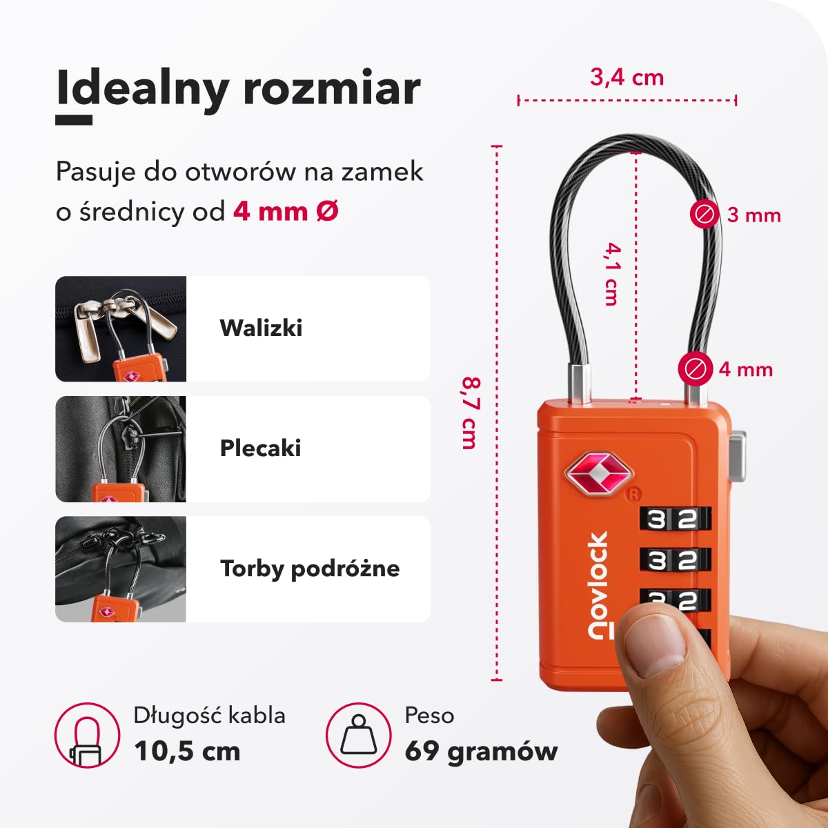 Kłódki TSA ze Wskaźnikiem Otwarcia – 4-cyfrowe Szyfrowe Zamki do Walizek, Plecaków, Bagażu i Szafek – Zamki Podróżne z Elastyczną Stalową Linką, Zestaw 2 Pomarańczowe