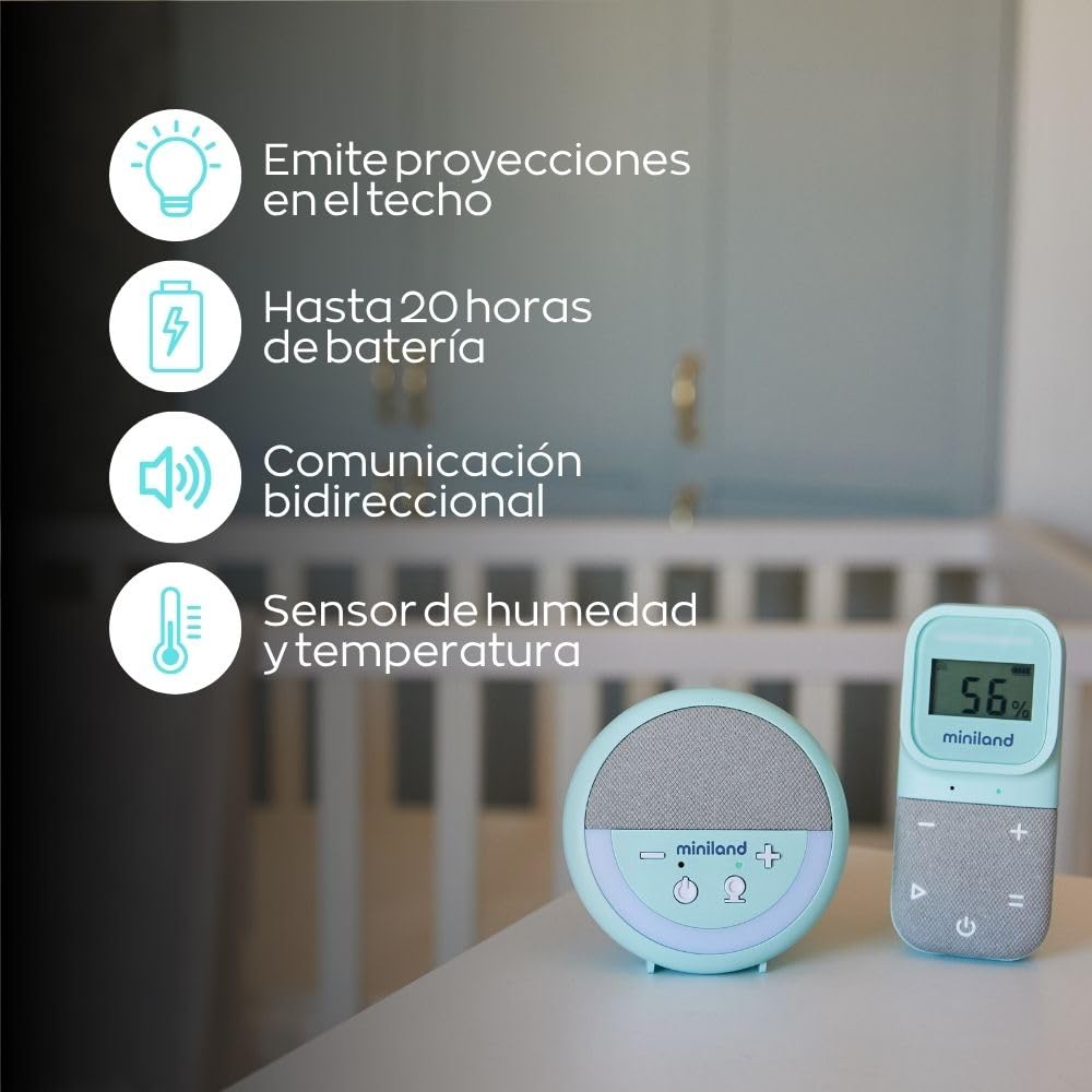 Miniland - Babyfono digitale per proiettori audio, monitor per bambini, con proiettore di luci e rumore bianco, sensore di temperatura e umidità, audio bidirezionale, portata 300 m