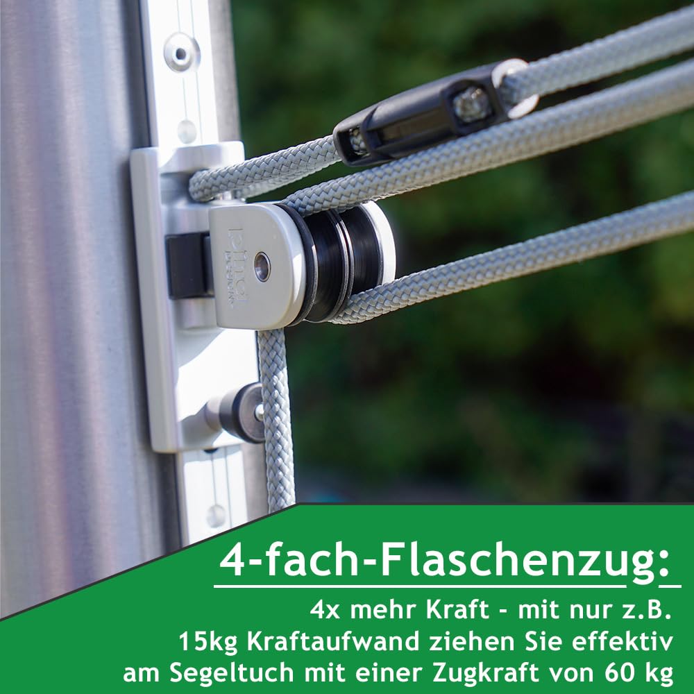 Höheneinstellung: Set für Sonnensegel - Masten, Stangen & Pfosten, 4-Fach Flaschenzug/Seilzug: extra zugstarkes Befestigungsset für Sonnensegel (mit V2A-Blindnieten)