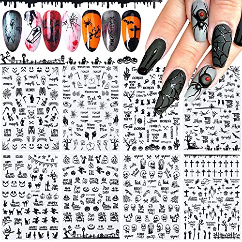 9 Sheets 3D Halloween Nail Art Stickers Self-Adhesive DIY Nail Decals Black Halloween Skull Witch Pumpkin Cat Ghost Spider Nail Designs Stickers for Halloween Party Favors Manicure Tips Charms