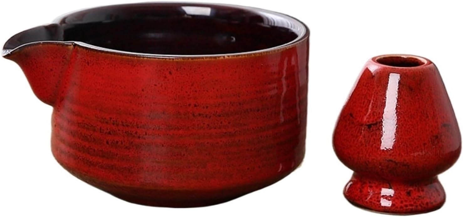 Ceramic matcha agitator, Matcha Whisk and Bowl Tea Set 2PCS with Pouring Spout Reusable Holder(Red)