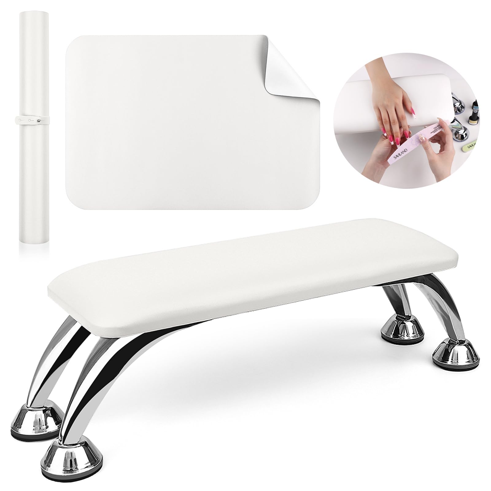 SAVILAND Arm Rest for Nails Tech Professional: 15.7" Full-Length Nail Arm Rest for White Super-Comfort Big Nail Arm Rest with Microfiber Leather Mat Height Hand Pillow Cushion Nail Salon Manicure