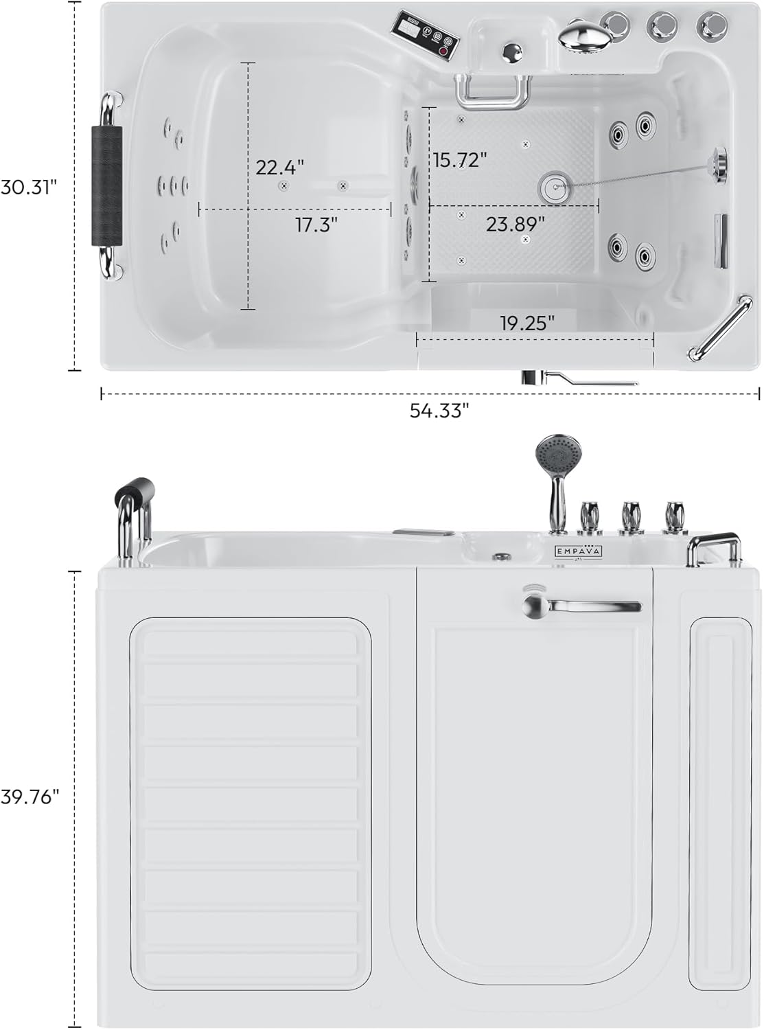 Empava Walk In Tub for Seniors,54" x 30'' Right Drain,12 Air & 13 Whirlpool Massage Jets Bathtub,with built-in Heater,2 Safety Handrail,19.25" Wide Right Outswing Door,Slip-Resistant Floor,Acrylic