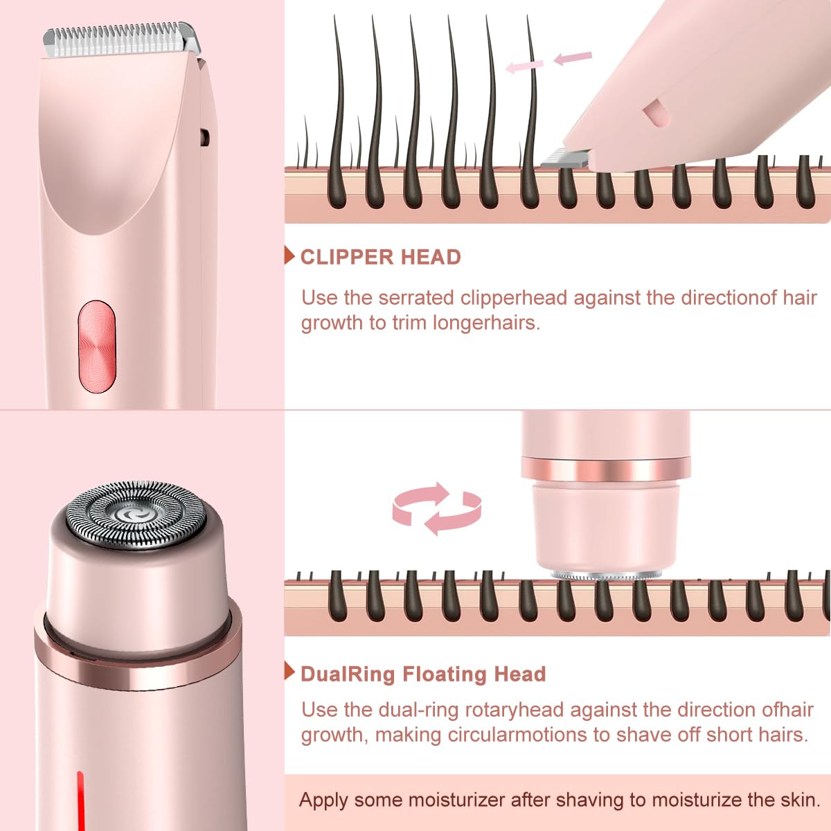 Rasoir électrique 2 en 1 pour femme - Design double tête IPX7 - Étanche - Utilisation humide et sèche - Tondeuse pour le visage, les aisselles, les bras, le visage et les jambes (rose)