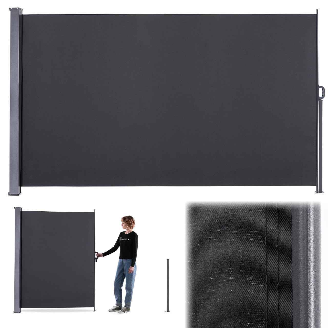KADAX Markiza boczna 180 x 300 cm, wysuwana, jako ochrona przed słońcem i wiatrem, na balkon, taras i do ogrodu, z poliestru i spojrzeniami, z kasetą (ciemnoszara)