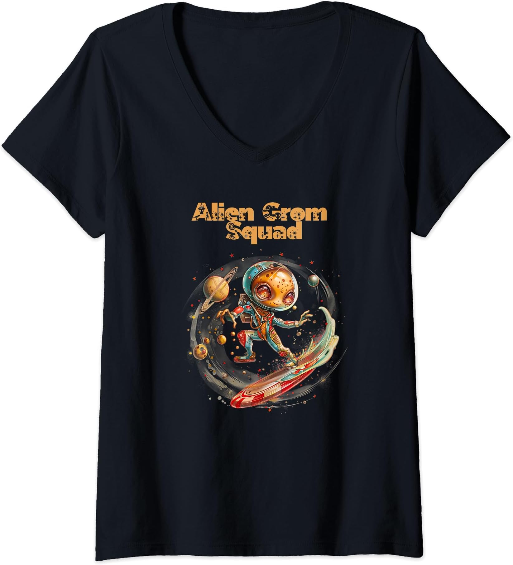 Womens Galactic Alien Grom Squad Extraterrestrial Space Surfer V-Neck T-Shirt