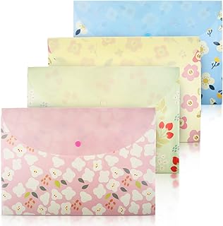 4pcs A4 Files Folder Fresh Floral Document Bag, PVC Envelope Folder Document Folder with Snap Button for School Home Work Office Organization Clear Colours Folders for Paperwork Plastic Folders
