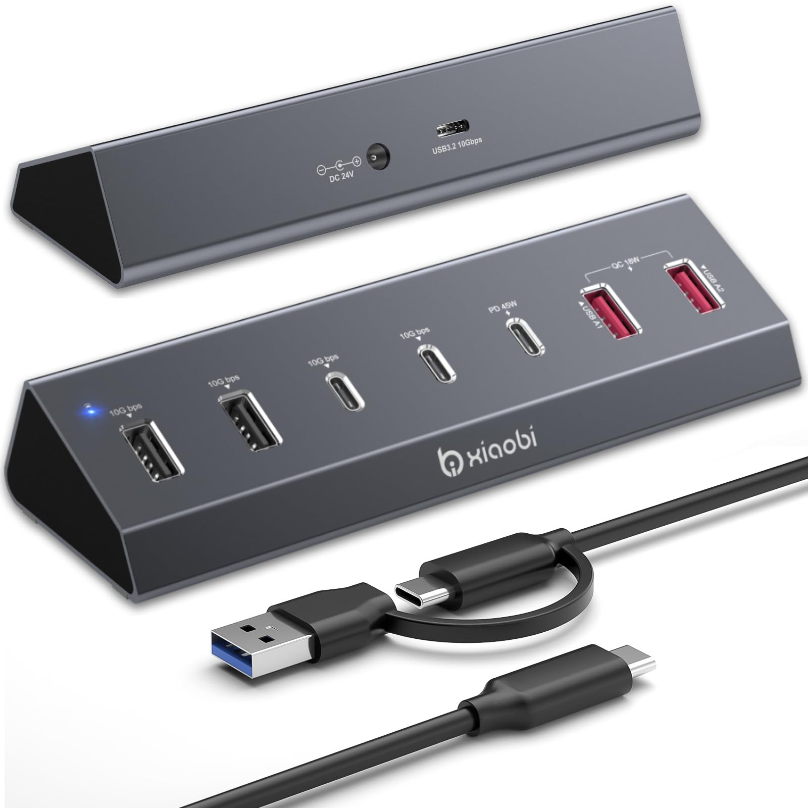 7 in 1 USB C Hub with 10Gbps Data Transfer, PD 45W & QC 18W Fast Charging | Ergonomic Tilt and Non-Slip Base, Powered USB Hub with 24V/3A Power Adapter for MacBook, PC and More(Gery) Gery 7 IN 1