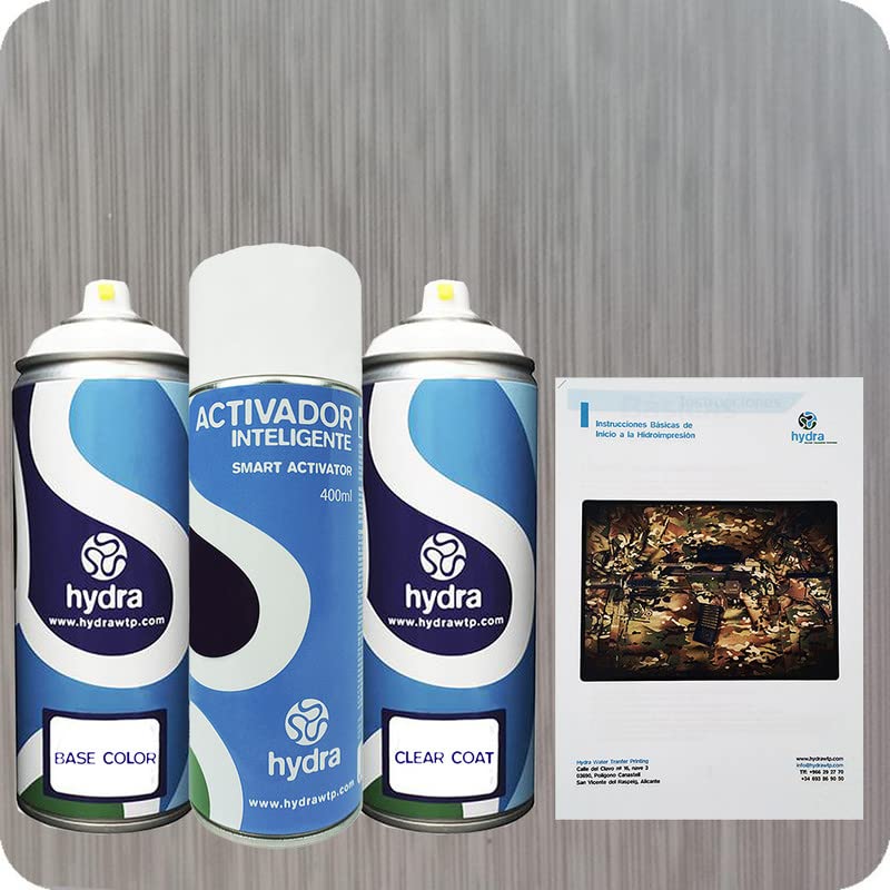 Starter Hydro dip Kit Zestaw hydrograficzny: 3 spray 400 ml (1 inteligentny aktywator + 1 przezroczysta warstwa + 1 kolor tła) ++ Podstawowy podręcznik użytkownika + folia hydrograficzna. Rozmiar
