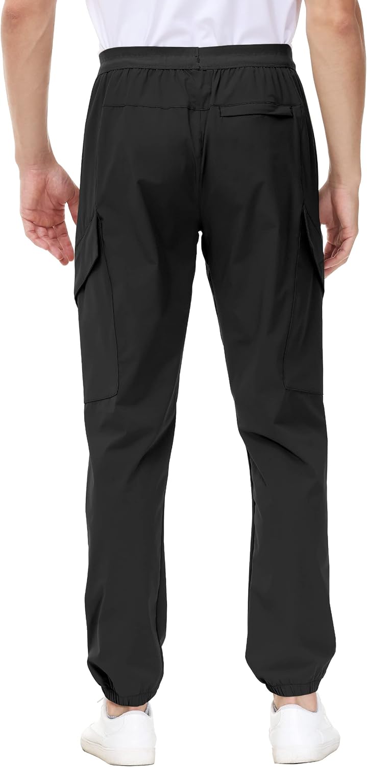 LUSHENUNI Men's Hiking Cargo Jogging Pants, Golf Pants Slim Fit with Zip Pockets for Travel Hiking (XL, Black)