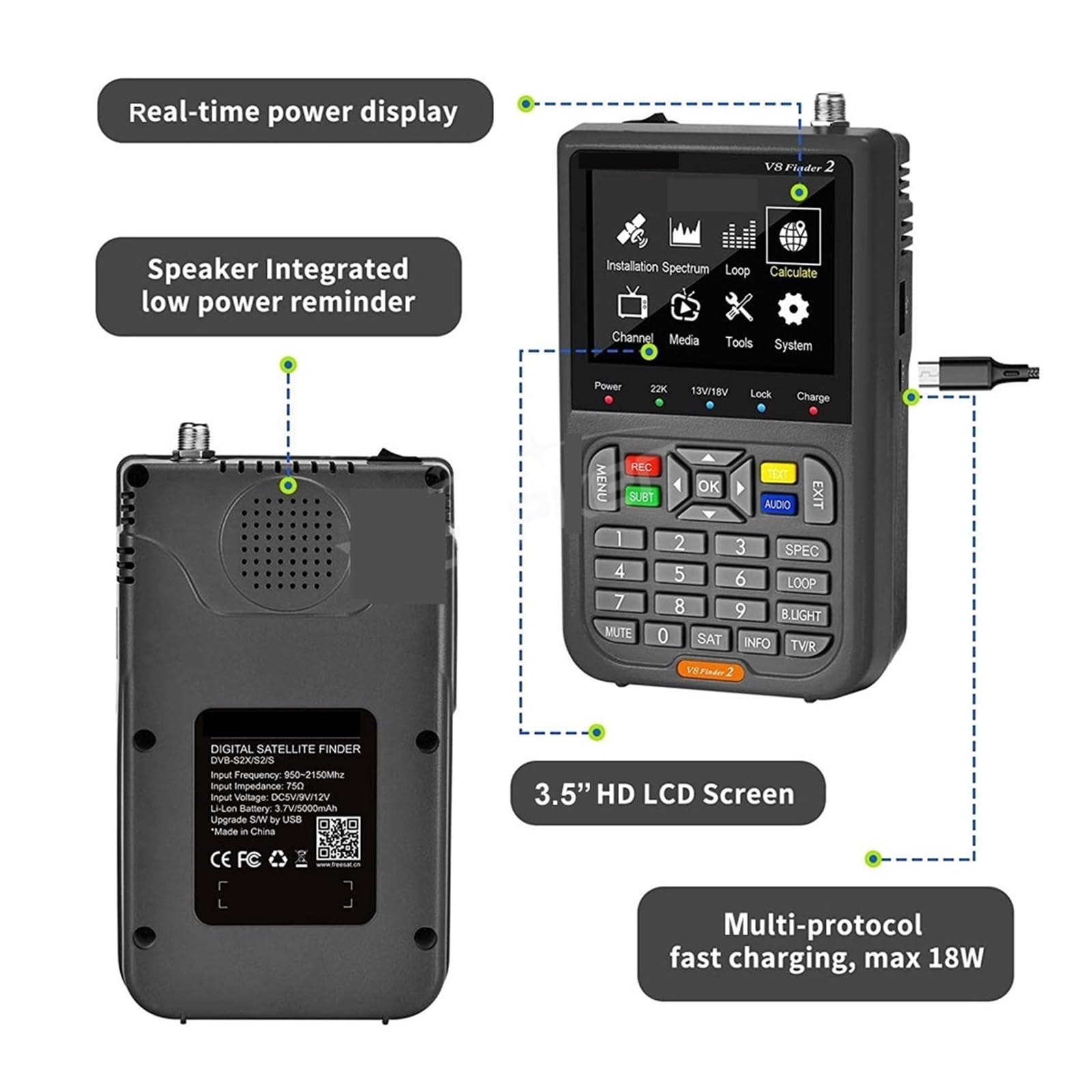 V8 Finder2 Medidor de satélite DVB-S2 Buscador de satélite Satfinder Detector de señal DVB-S/ S2/ S2X | FD2 Black With Bag