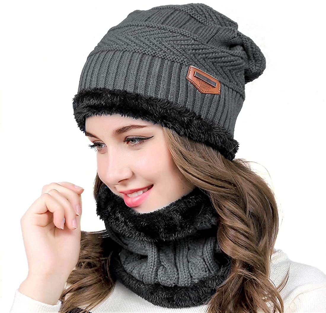 Winter Woollen Cap & Neck Warmer (Scarf) Set for Women | Inside Fur Wool Beanie Cap with Neck Warmer/Muffler | Warm Hat| Air Proof Cap | Knit Hat with Thick Fleece