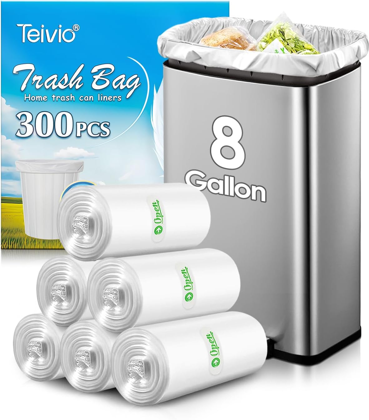 8 Gallon 300 Counts Unscented Medium Trash Bags,Fit 7,8,9,10 Gal Garbage Bags by Teivio, 30 Liter Thick Bathroom Can Bin Liners,Plastic Bags for Home Office Kitchen, Clear