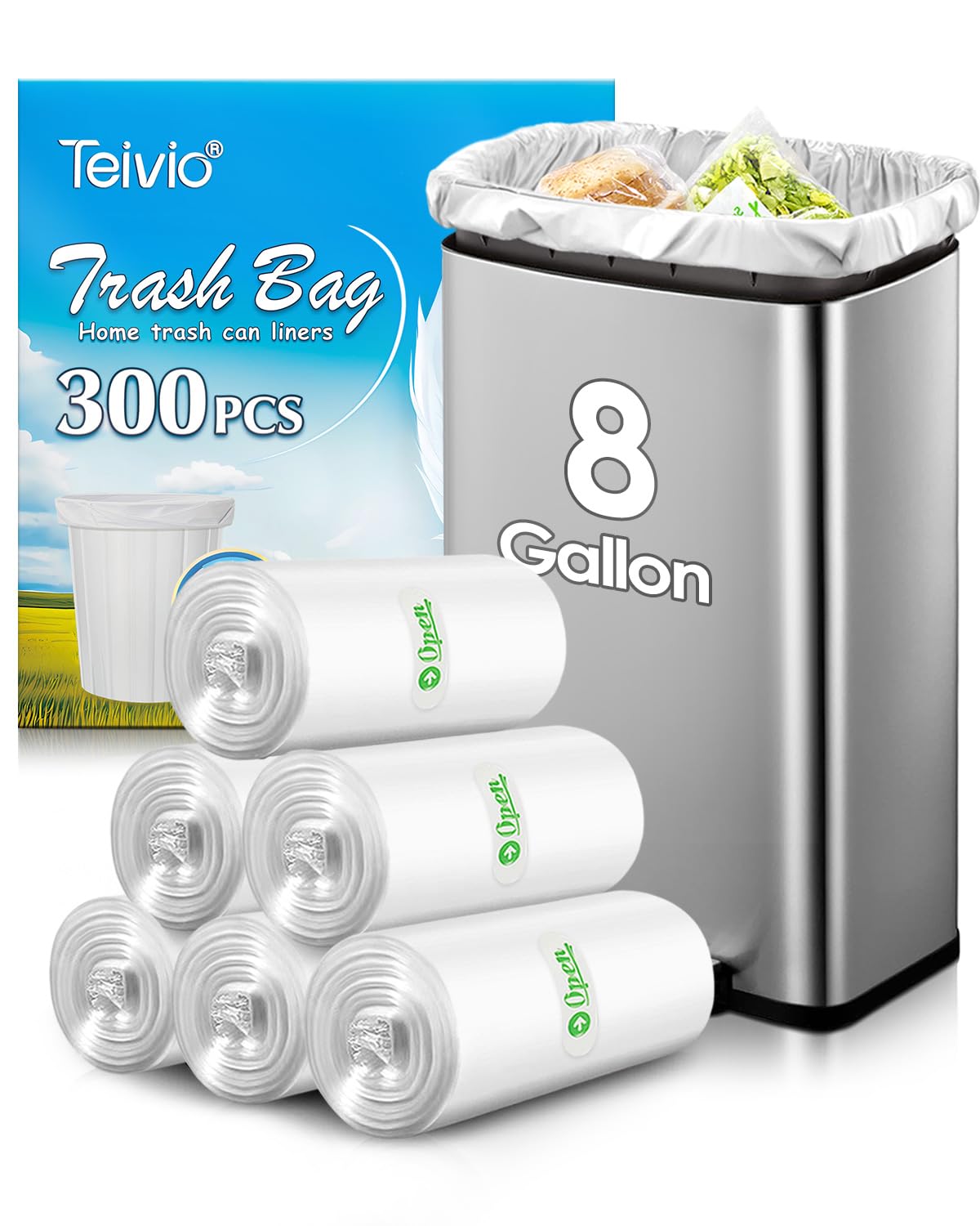 8 Gallon 300 Counts Unscented Medium Trash Bags,Fit 7,8,9,10 Gal Garbage Bags by Teivio, 30 Liter Thick Bathroom Can Bin Liners,Plastic Bags for Home Office Kitchen, Clear