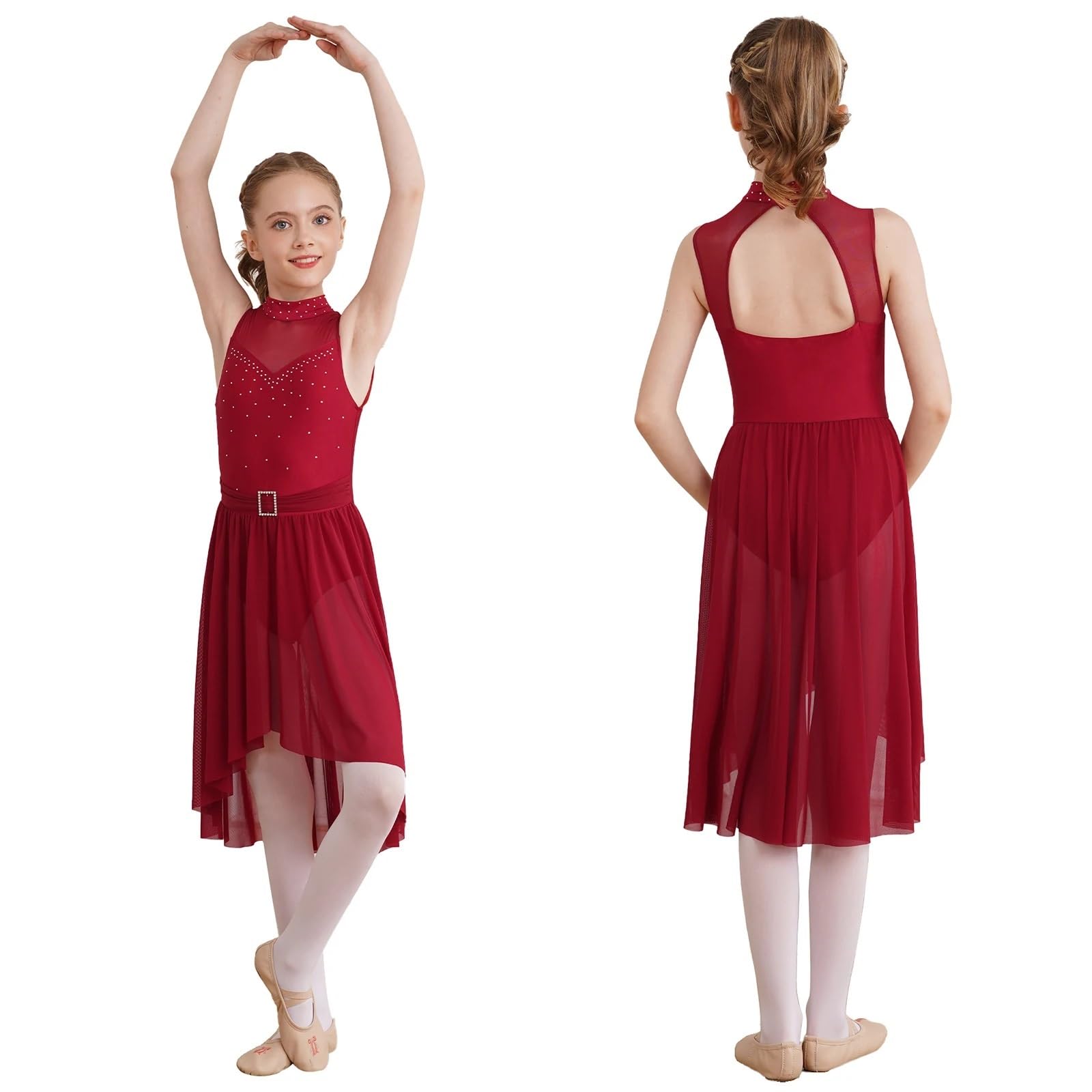 Disfraz Gimnasta NiñA Vestido de Baile lírico Moderno for niñas, sin Mangas, con Diamantes de imitación Huecos, for Ballet, Gimnasia, Patinaje artístico, Ropa de Baile(Burgundy,8)