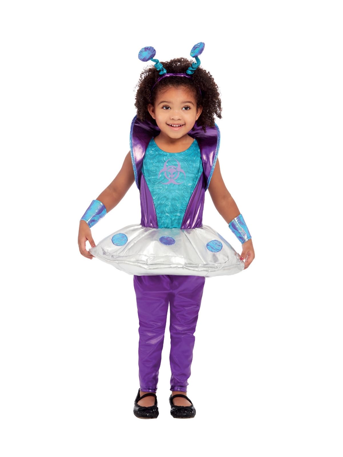 Smiffys Toddler Alien Costume, Silver Dress, Leggings, Wrist Cuffs & Headband, Halloween Child Fancy Dress, Alien Dress Up Costumes