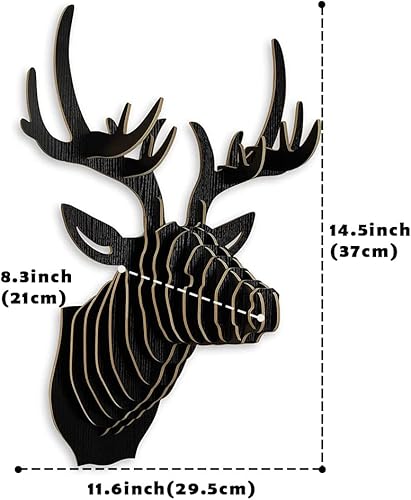 Miniatura 8 de Hooshing Decoración de pared de cabeza de ciervo DIY rompecabezas de madera 3D trofeo amarillo escultura decoración de pared para sala de estar