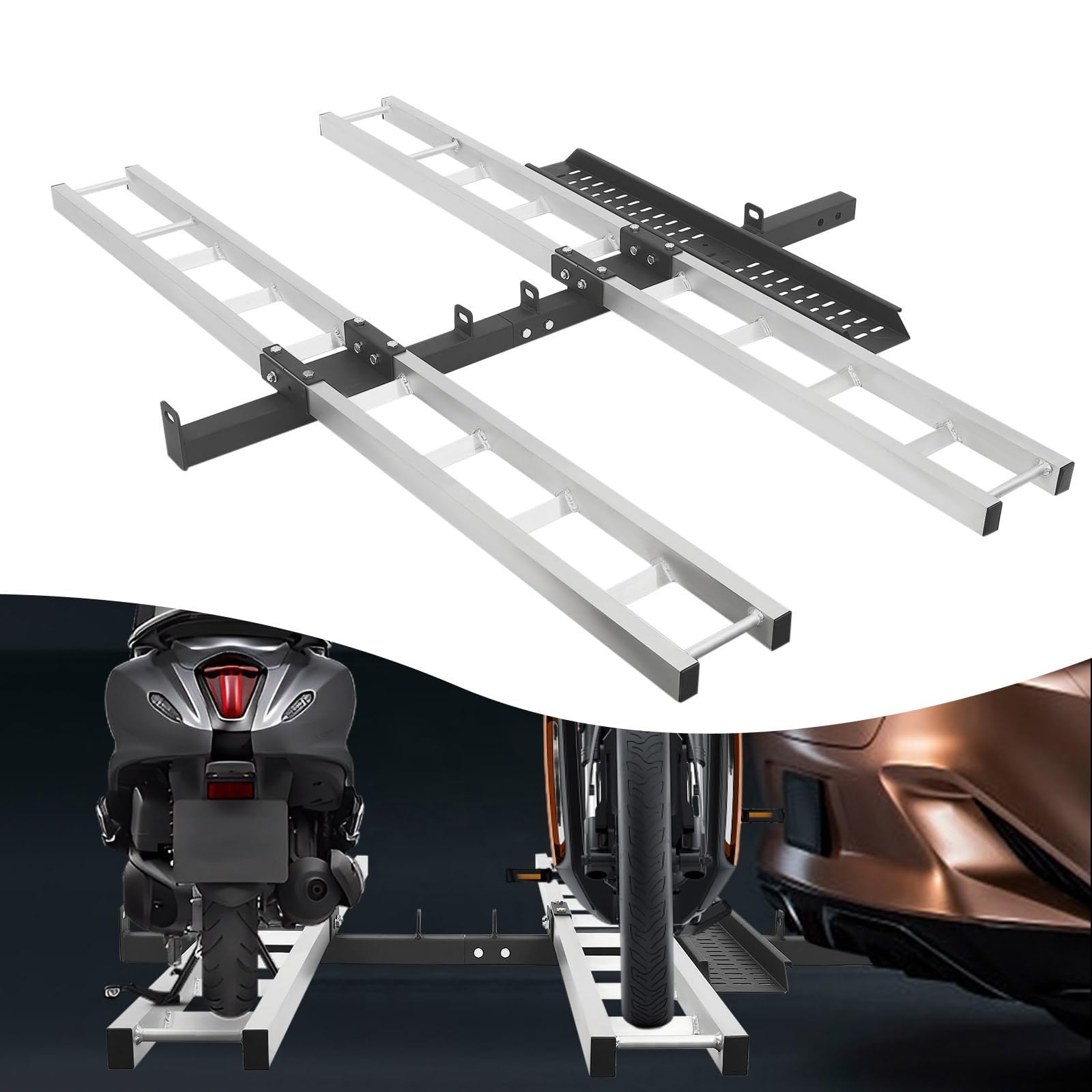 Support D'attelage De Moto En Aluminium De 600 LBS, Support De Vélo Toutterrain Robuste Monté Sur Attelage Avec Rampe De Chargement Et Dispositif De Verrouillage, Support Arrière De Moto For 2 Vélos F