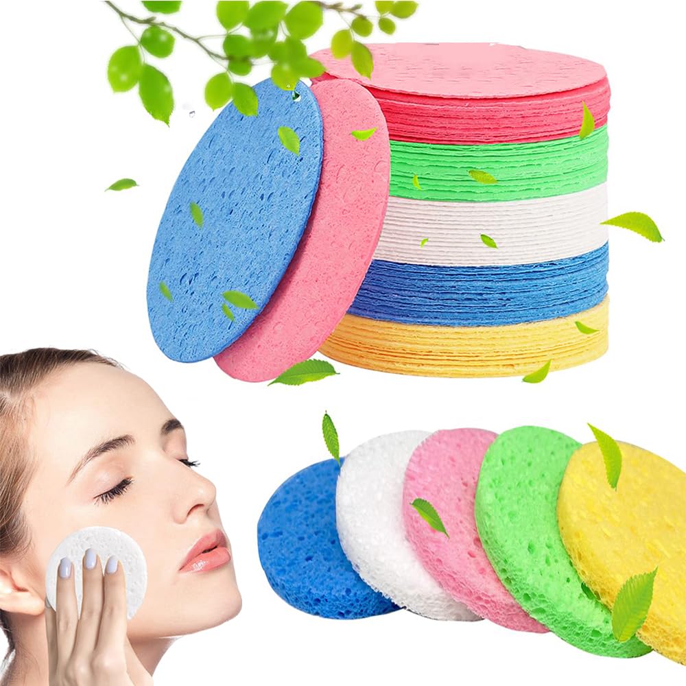 Goodern25Pcs Compressed Facial Sponge,Reusable Round Face Cleaning Sponge Pads Face Exfoliator Cleansing Sponge,Natural Cosmetic Spa Sponges for Facial Cleansing Massage Pore Exfoliating-Multicolour