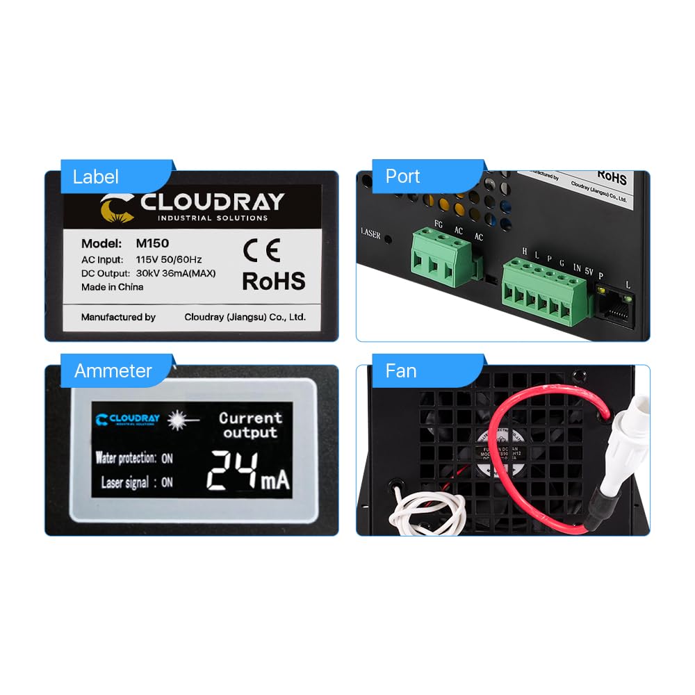 Cloudray CO2 Fuente de alimentación láser 150W CO2 Laser Power Supply para Cortador Grabador láser CO2 Laser Engraver MYJG 150W | Compatible Con Tubos Láser CO2 De 130–150W, Para Grabadoras Y Cortadoras Láser