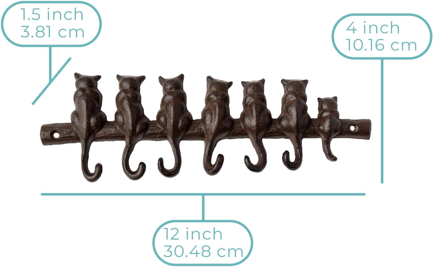 Comfify 7 Cats Cast Iron Wall Mounted Hanger Rack - Decorative Cast Iron Wall Hook Rack - Vintage Design Hanger with 7 Hooks - Wall Mounted | 12.4 x 3.9”- with Screws and Anchors | Rustic Brown Color