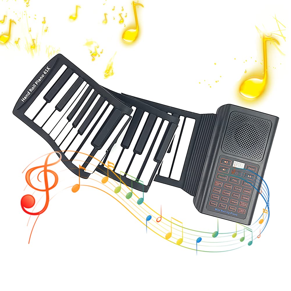 Roll Up Piano Keyboard, 61 Keys Keyboard Piano Foldable with 20 Demo Songs, 128 Rhythm, Support Blue