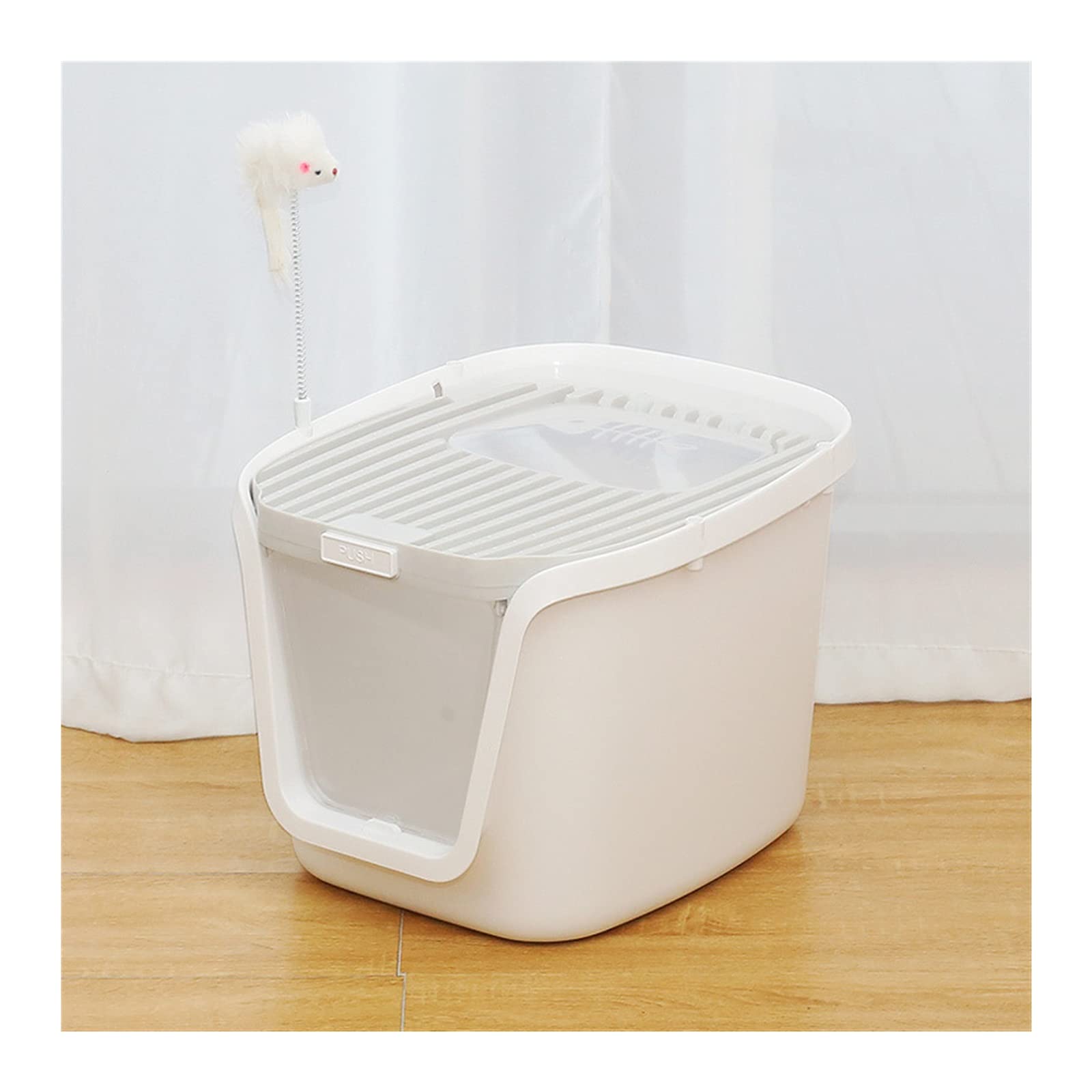 Maison de toilette pour chat XL grise à double porte avec pelle et jouets intégrés