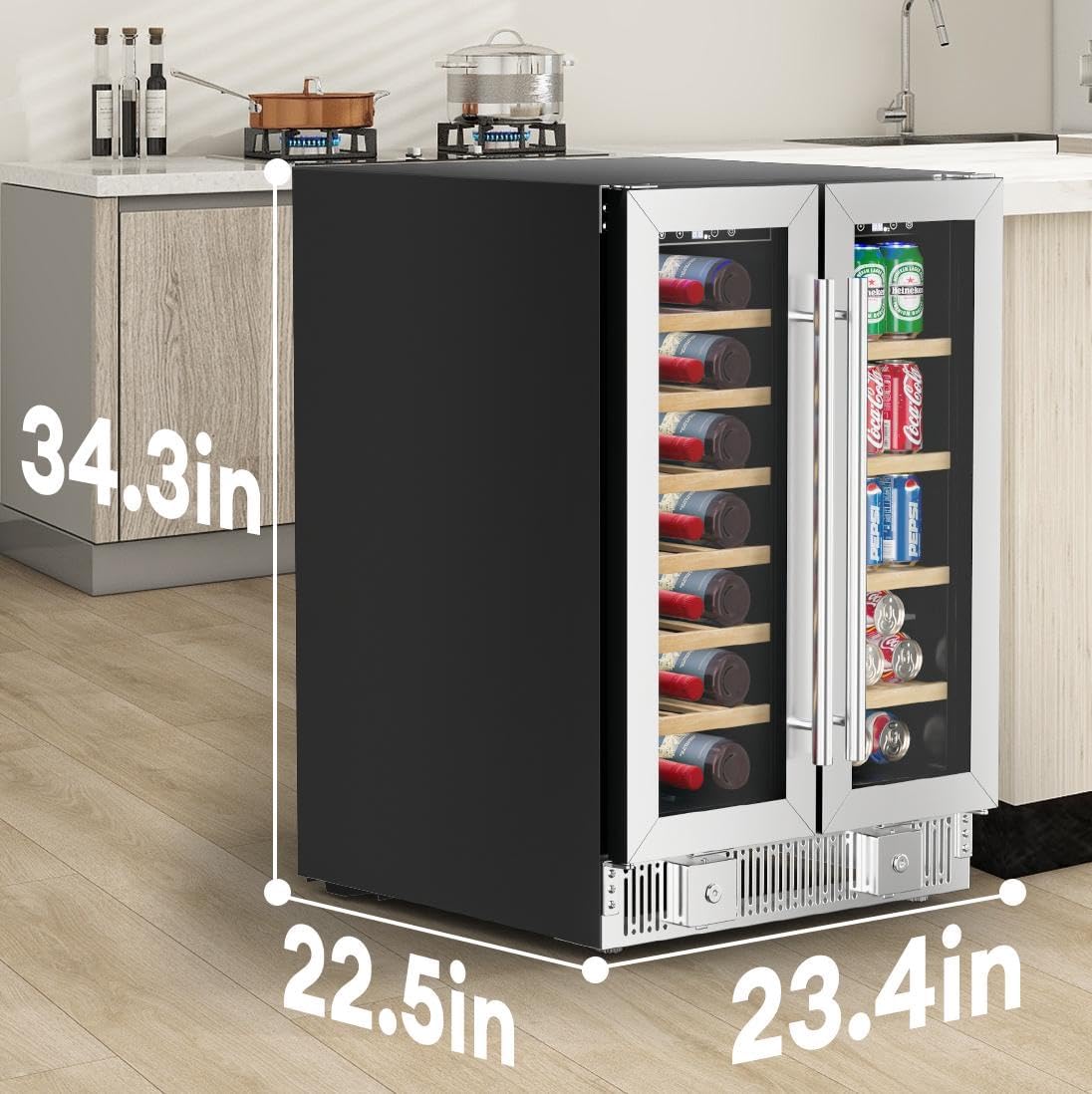 TABU Wine and Beverage Refrigerator, 24 Inch Dual Zone Wine Cooler with Glass Door&Lock, Built-in or Freestanding Beverage Fridge Hold 21 Bottles and 88 Cans