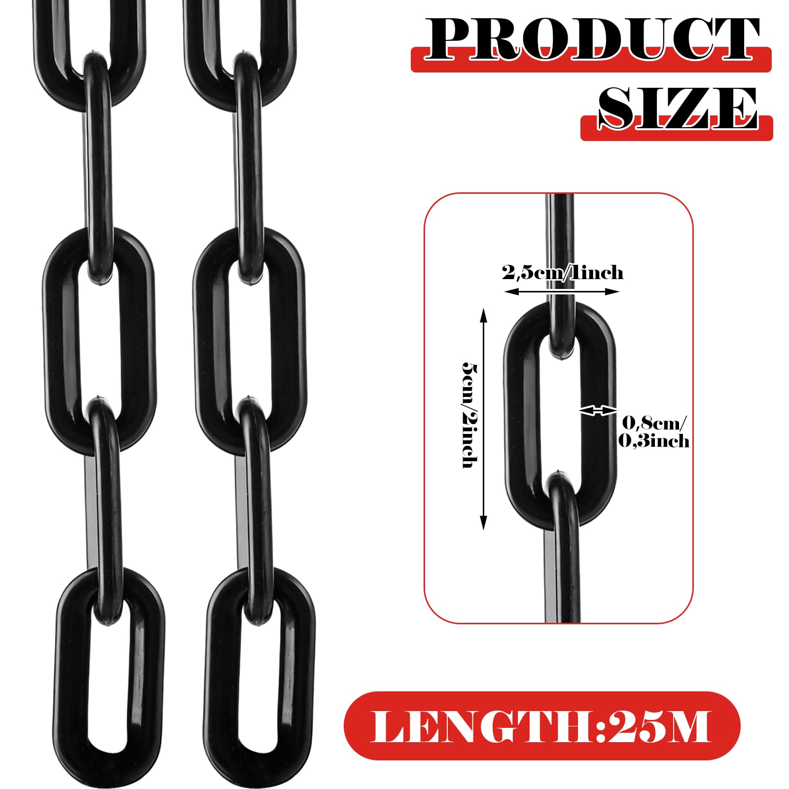 DAJAVE Catena di bloccaggio, 25 m, in plastica, da 8 mm, in plastica, colore nero, per bloccare superfici, catena di blocco del parcheggio