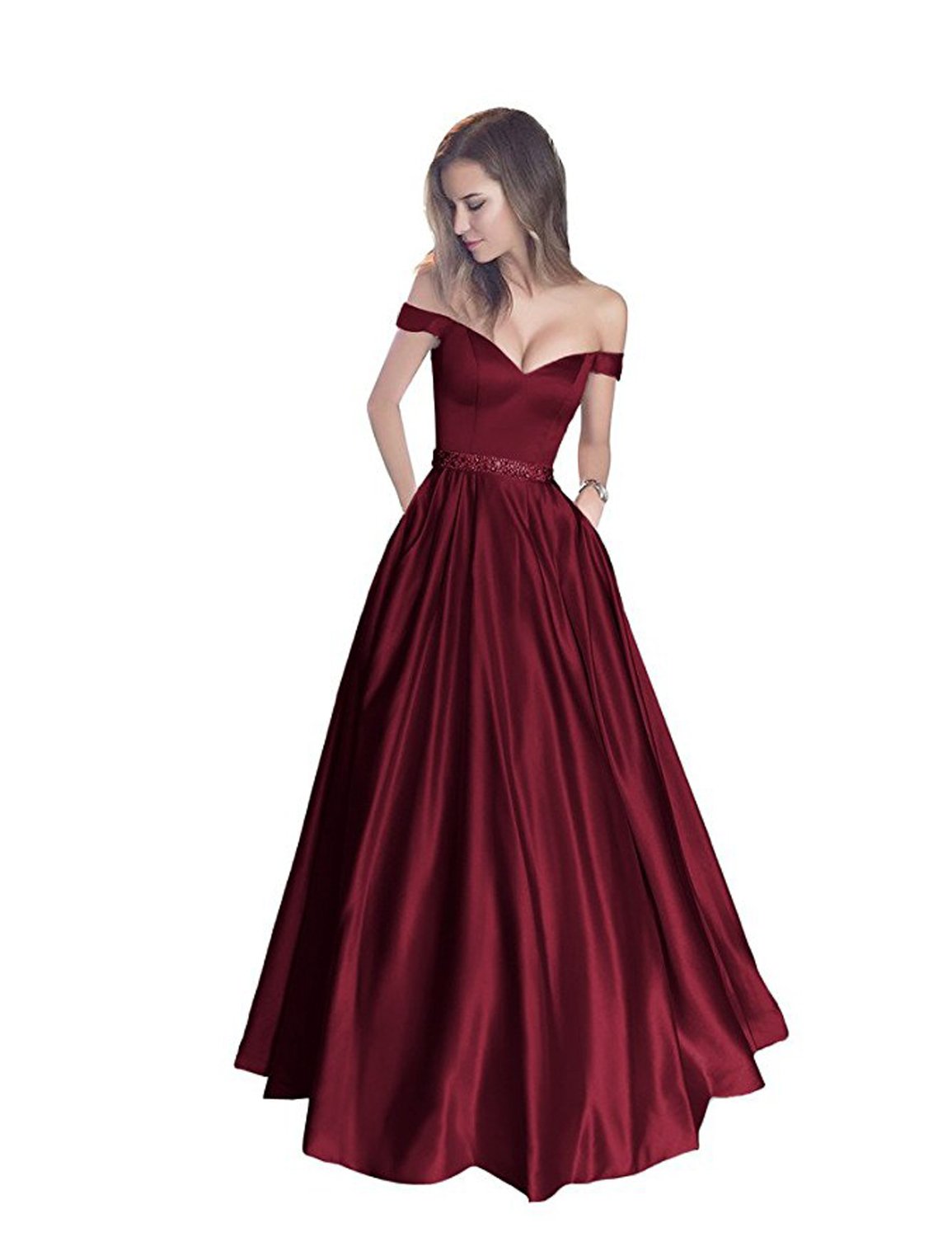 Stillluxury Off The Shoulder Sleeves Satin Long Prom Dress with Pockets Beaded Formal Evening Gowns Burgundy Size 20