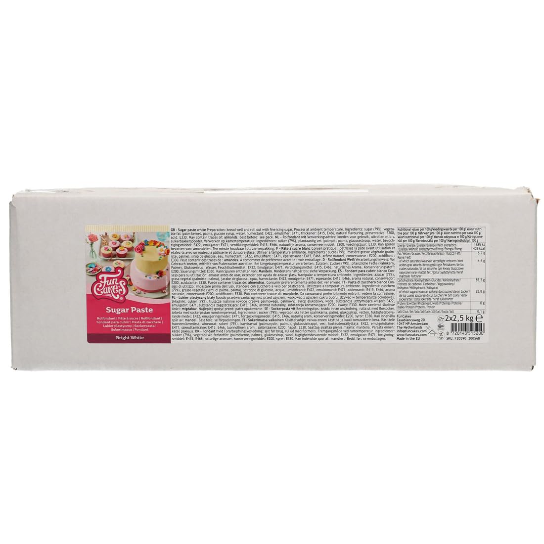 FunCakes Sugar Paste Bright White, Easy to Use, Smooth, Flexible, Soft and Pliable, Perfect for Cake Decorating, Halal, Kosher and Gluten Free, 5 kg (2 x 2.5 kg)