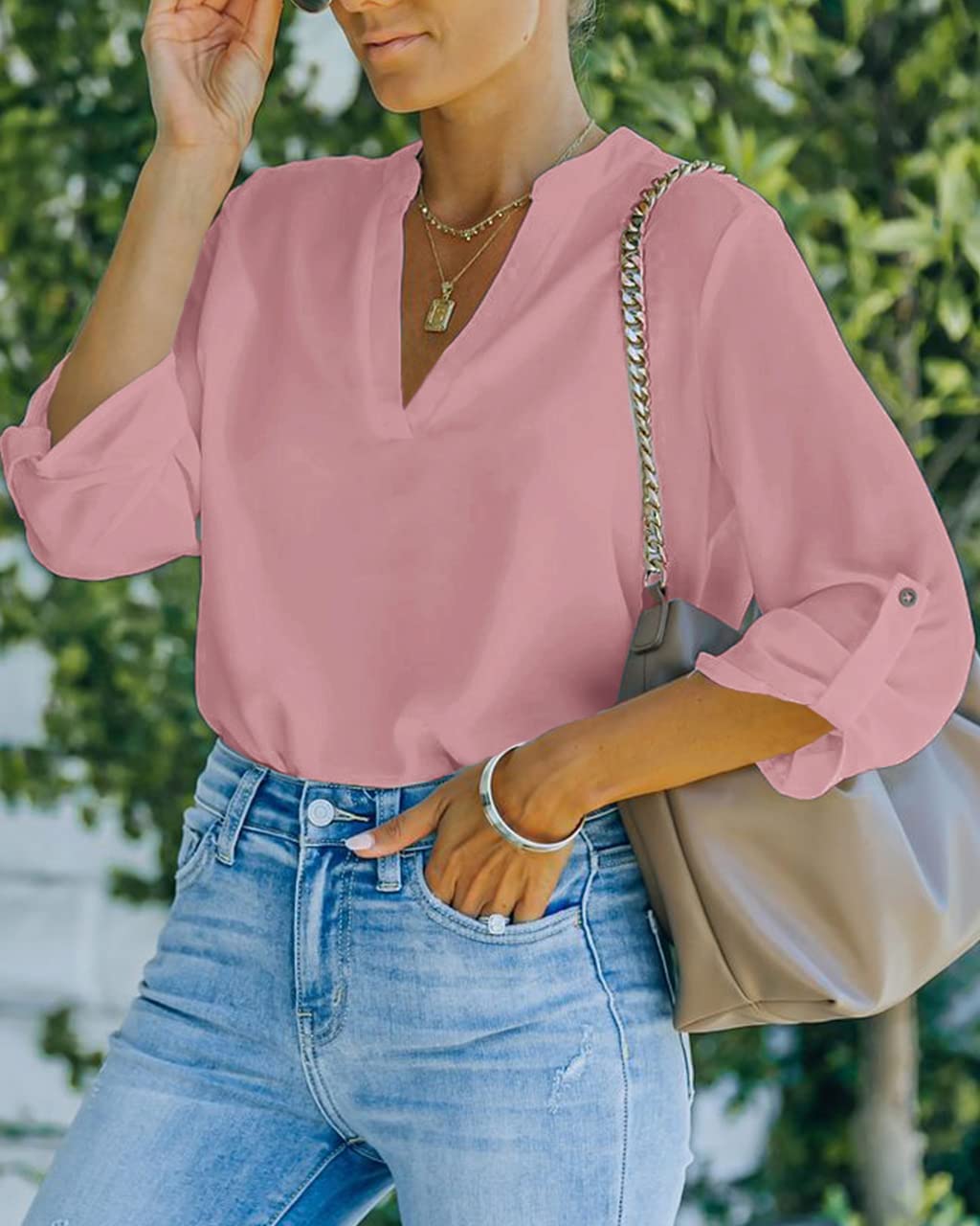 NONSAR Camicetta da donna Henley, elegante, con scollo a V, maniche arrotolabili, in stile casual