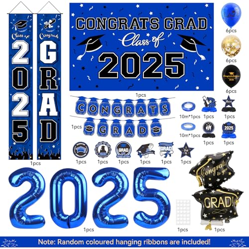 Image of Graduation Decorations 2025 Set Grad Party Supplies with Congrats Grad Banner, Class of 2025 Backdrop, Balloons & Streamers Kit, Foil Number 2025, Honeycomb, Porch Sign for Graduation Decor Blue