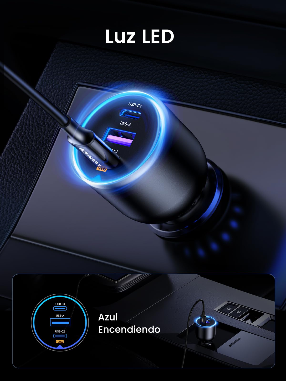 UGREEN 130W Cargador de Coche USB C, Car Charger Tipo C Carga Rápida de 3 Puertos con Cable de 100W, Compatible con iPhone 17 Pro MAX Air/16/15, Samsung Galaxy S25/S24, MacBook, iPad Pro, Air Mini