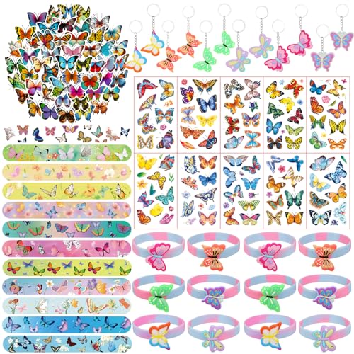 96 Pcs Mariposa Fiesta Favores Para Niñas Hada CumpleañOs Fiesta Suministros Con Mariposa Pulseras De Silicona, Slap Wristbands, Llaveros, Tatuajes Pegatinas Y Adhesivos Para NiñOs Decoración Regalos