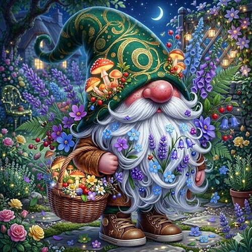 HHMATITS Gnome Diamond Art Kits for Adults DIY Gnome Diamond Painting Kits for Beginner 5D Full Round Drill Paint by Diamonds Gem Art Home Wall Decor Gift 14X14 Inch